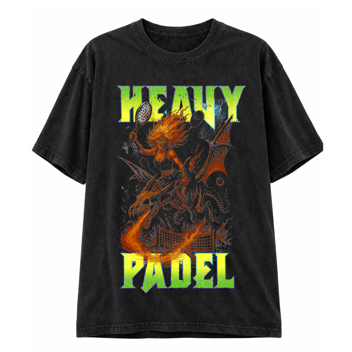 Heavy Padel Dragon Tee schwarz Vorderansicht mit Rock-Print