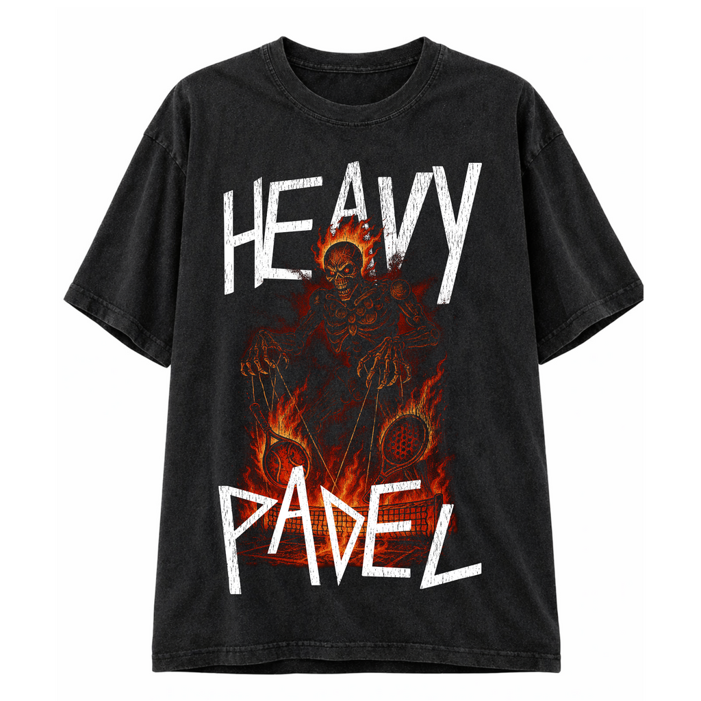 Heavy Padel Master Tee schwarz Vorderansicht mit Rock-Print